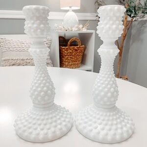 Vintage Fenton Hobnail Milk Glass Tall Taper Candlesticks Holder (Pair)